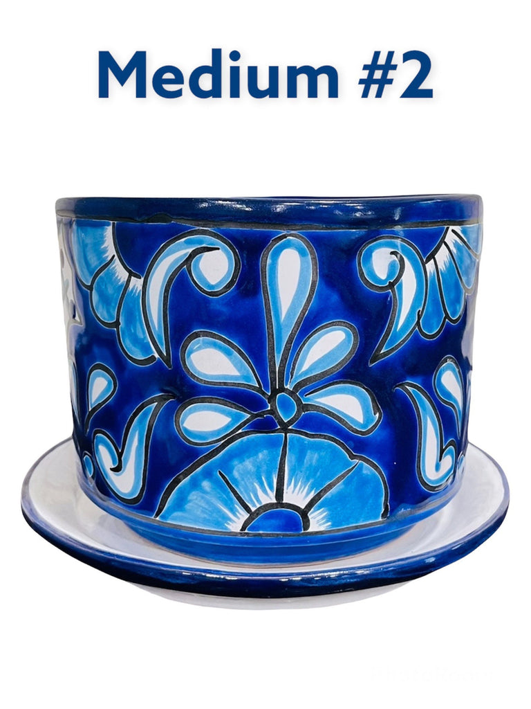 Classic Blue Cylinder Talavera Planter with Matching Saucer