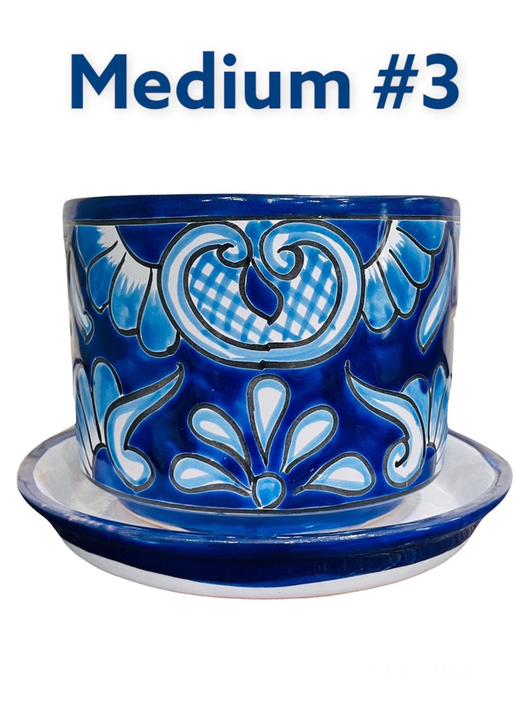 Classic Blue Cylinder Talavera Planter with Matching Saucer