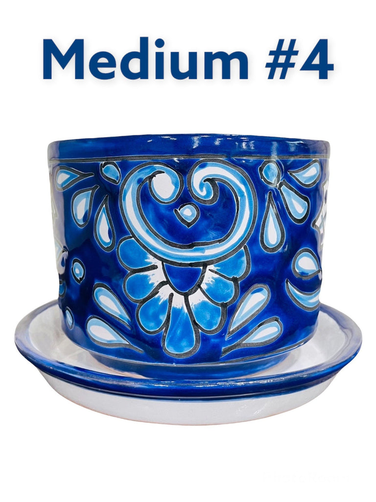 Classic Blue Cylinder Talavera Planter with Matching Saucer