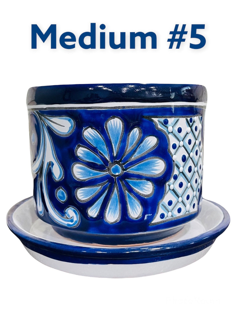 Classic Blue Cylinder Talavera Planter with Matching Saucer