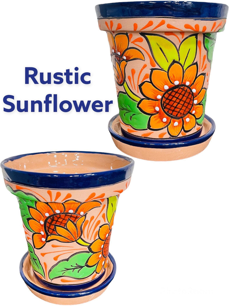 Rustic Sunflower Talavera Vaso Planter with Matching Saucer