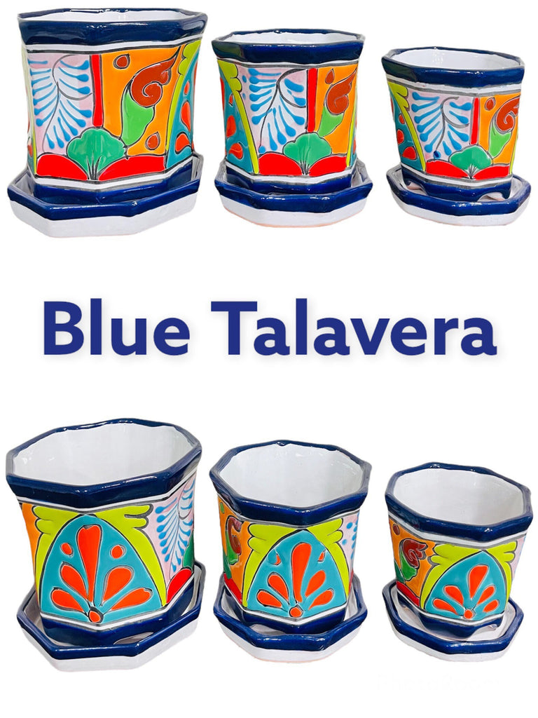 Rustic & Tala Sets of 3 Octagon Talavera Planters with Matching Saucers